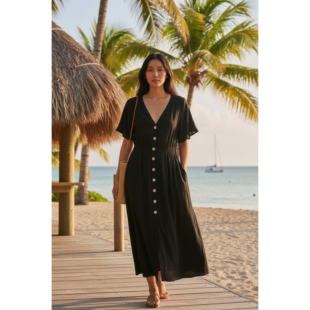 Zara Black Button Front Midi Dress Short Flutter Sleeve Smocked Waist V-Neck M